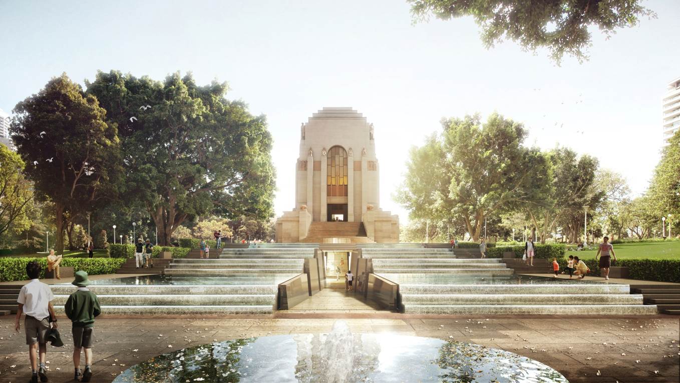 Architectural render of the Anzac Memorial and the Cascade which visitors can travel through to enter the Centenary Extension - courtesy Johnson Pilton Walker