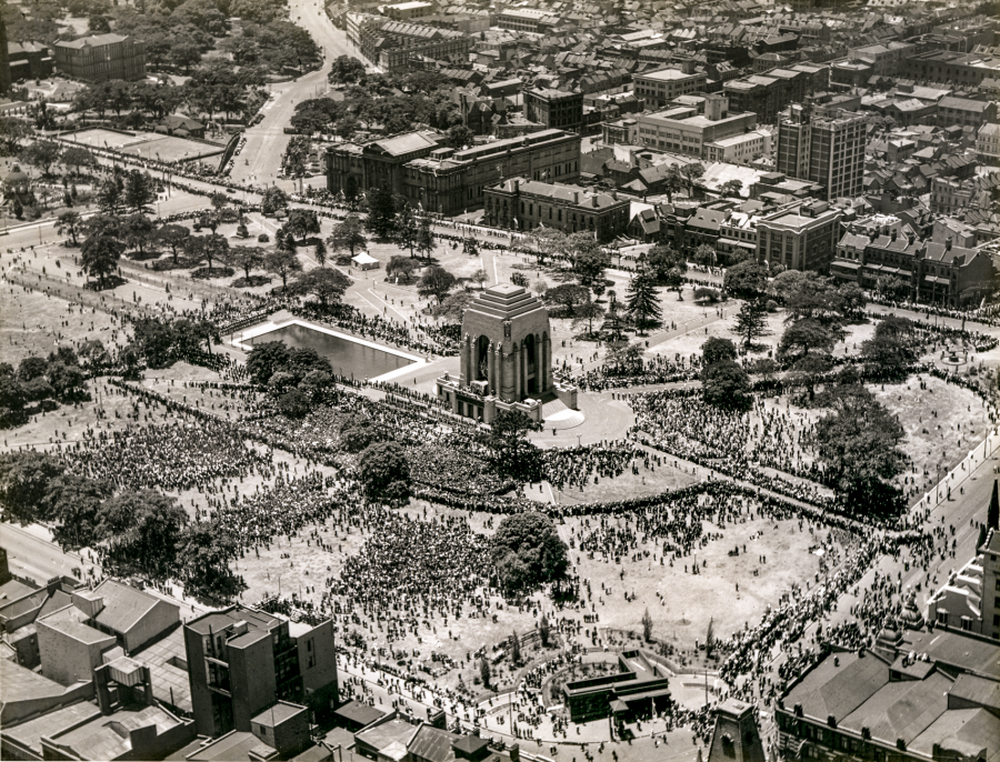 An aerial shot of the Memorial precinct taken the day the Anzac Memorial was opened by Prince Henry, Duke of Gloucester